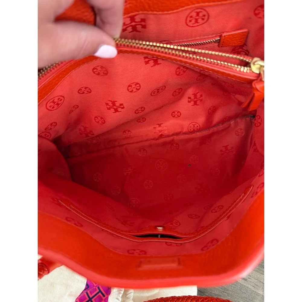 Tory Burch Taylor Tote Bag Coral Red Pebbled Leather Purse Tassel Dust Bag